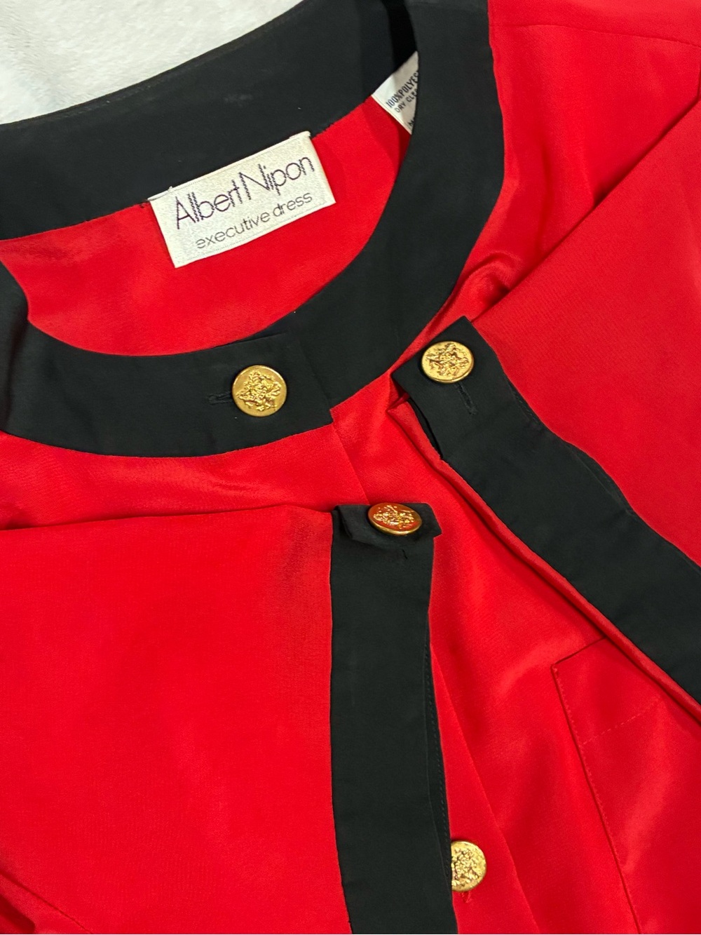 Vintage 1980s Albert Nipon Executive Dress Red Black Gold Buttons Sz 10
